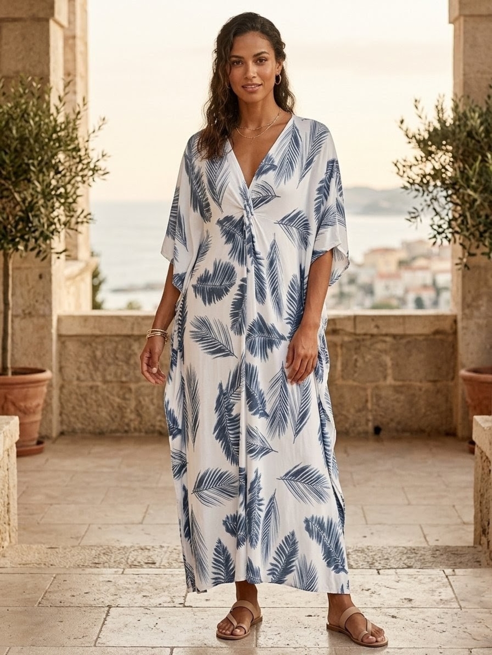 White Maxi Kaftan with Blue Palm Print